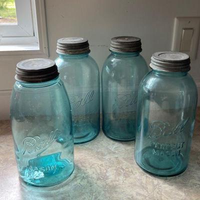 Blue Ball Jars with old lids
