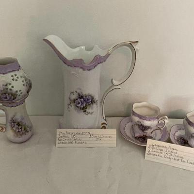 lavender floral tea cups and saucers , pitcher & oil lamp