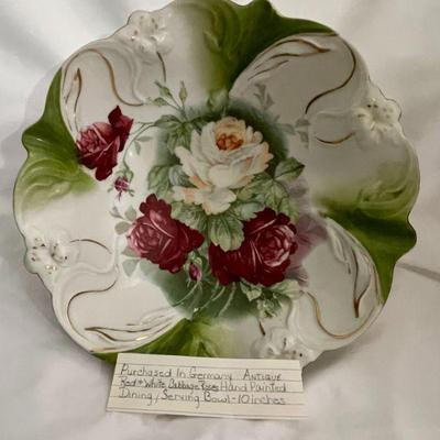 Antique red/white cabbage rose hand painted bowl
