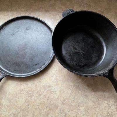 #8 unmarked iron pan & #10 Iron griddle
