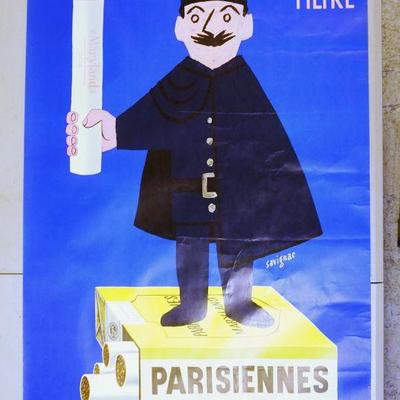1186	VINTAGE PARISIENNES CIGARETTES ADVERTISING POSTER. APP. 50 IN X 35 1/2 IN. SHOWS AVERAGE SIGNS OF WEAR
