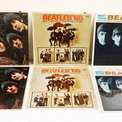 1009	LOT OF 6 BEATLES VINYL ALBUMS INCLUDES STEREO & MONO VERSIONS OF RUBBER SOUL, BEATLES '65 & MEET THE BEATLES, SOME MISSING SLEEVES &...