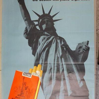 1187	VINTAGE MARYLAND AMERICAINES CIGARETTES FRENCH ADVERTISING POSTER. SHOWS AVERAGE SIGNS OF WEAR, HAS TEAR NEAR TOP RIGHT. APP. 50 1/4...
