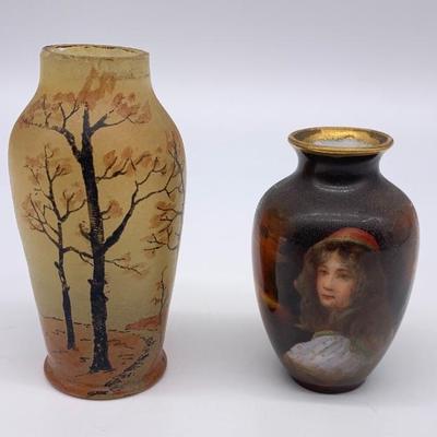 2 antique miniature hand-painted vases, ht of tallest 3 1/4 in.