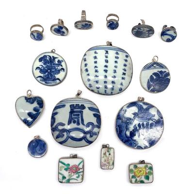 Pieces of antique Chinese porcelain bound in sterling silver