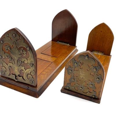 2 antique oak and brass expandable book ends