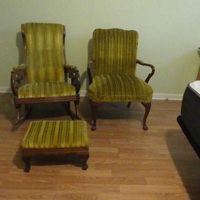 Antique (1860s) Victorian Rocker and (Early 1900s) Queen Anne Style Chair with Footstool