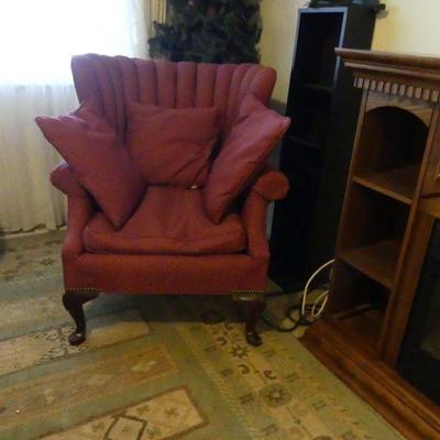 Wing Back Armchair with Seat Cushion & 3 Throw Pillow - Maroon Patterned Upholstery