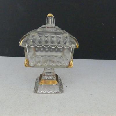 Vintage MCM Jeannette Glass Square Wedding Cake Box Covered Candy Dish with Gold Trim