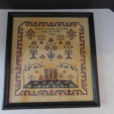 Framed "Rachel De La Rue aged 14 Years 1848" Sampler on Linen From Pattern by Lisa Johnson