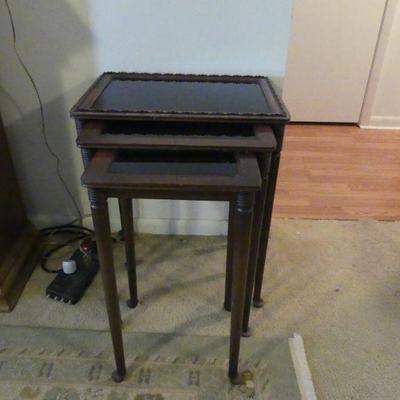 Vintage MCM Mahogany Nesting Tables with Black Glass Tops