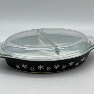 Vintage PYREX Black Snowflake Divided Covered Casserole
