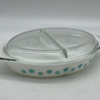 PYREX Vintage Turquoise Snowflake Divided Covered Casserole
