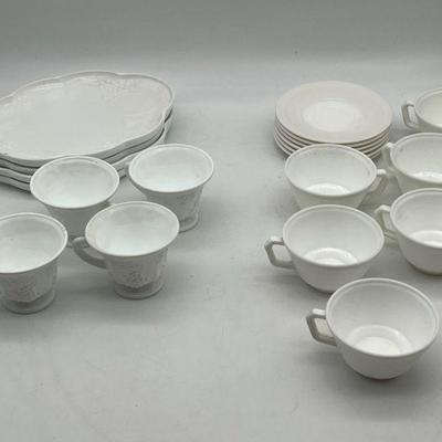 (2) Sets Of White Teacups & Saucers Incl Milk Glass Grapes
