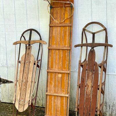 (2) Vintage Wood Sleds & Tobaggan
