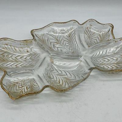 Vintage Jeanette Gold Rim Glass Feather Leaf Platter
