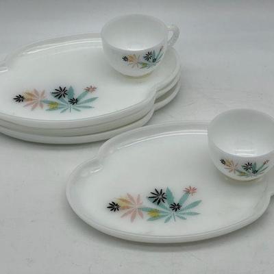 Vintage Federal Glass Co Atomic Flower Milk Glass Snack Trays & Teacups
