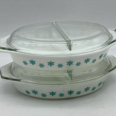 (2) Matching PYREX Turquoise Snowflake Covered Divided Casseroles

