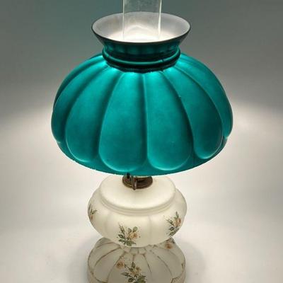 Floral Hurricane Lamp With Emerald Shade
