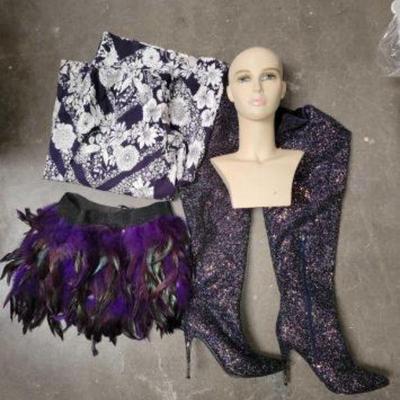 #2658 â€¢ Feather Miniskirt, Thigh High Sequine Boots, Mannequin Head, Romper