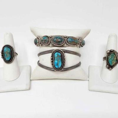 #554 â€¢ Vintage Pawn Sterling Silver Turquoise Rings & Cuffs, 74g