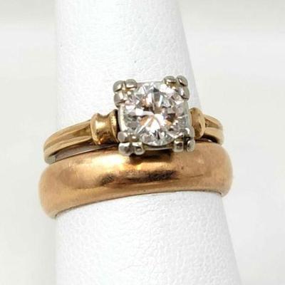 #706 • 14k Gold Diamond Center Ring & Band Ring, 8g