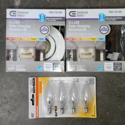 #2638 â€¢ Commercial Electric 3 in LED Color Changing Recessed Kit and 60 Watt Bulbs