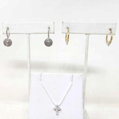 #810 â€¢ 10k Gold Hoop Earrings Diamond Earrings & Cross Pendant, 4g