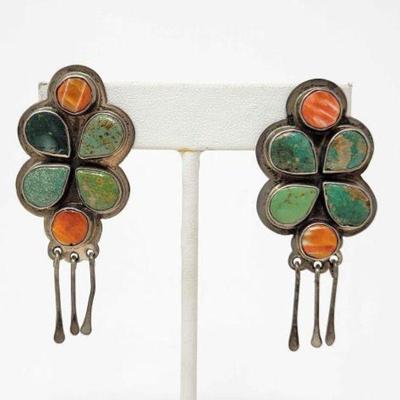 #556 â€¢ Native American Sterling Silver Turquoise & Spiney Oyster Earrings, 13g