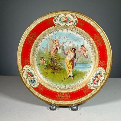 METAL VIENNA ART PLATE | Features nature scene with cupids, with Greek Key and floral decorated border.