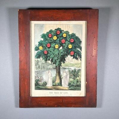 CURRIER & IVES TREE OF LIFE PRINT | Color lithograph showing two angels underneath the â€œtree of lifeâ€ with Bible verse on bottom, c....