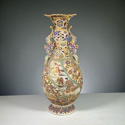 ANTIQUE SATSUMA VASE | Japanese vase colorfully and intricately decorated with floral devices and a scene of two women and a man by a...