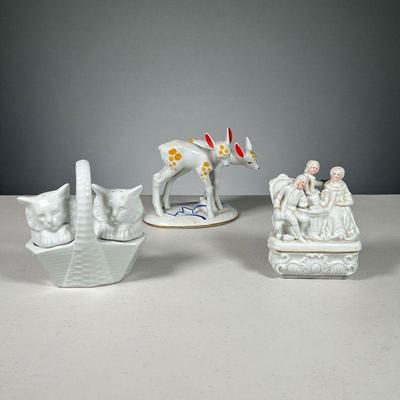 (3PC) PORCELAIN FIGURINES | Including: salt and pepper shaker set in the form of cats in a basket, marked 