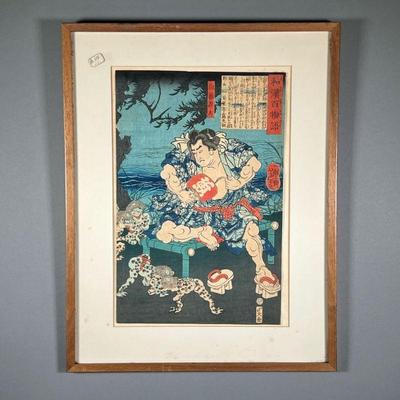 JAPANESE WOODBLOCK | Titled â€œOne Hundred Tales of Wakanâ€ painting depicting a large sumo wrestler in kimono watching over beastly...