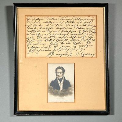 [AUTOGRAPH] CARL CZERNY | Letter written and signed by Carl Czerny, matted and framed above a printed portrait of the pianist - 5 x 8.5...