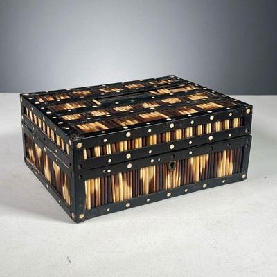 PORCUPINE QUILL BOX | Wooden box lined on the outside with porcupine quills. Having a felt-lined interior and artful pattern with locking...