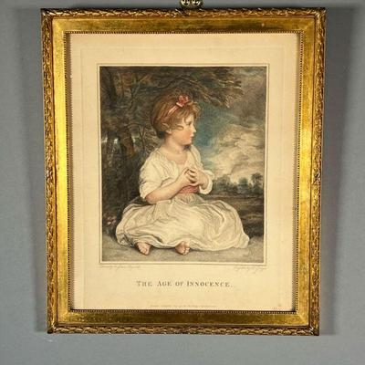 SIR JOSHUA REYNOLDS (1732-1792) | 18th century English print, titled “The Age of Innocence” depicting a young girl in countryside, matted...