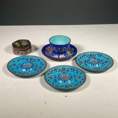 (6PC) CHINESE CLOISONNÃ‰ | Including a Peking cup and matching saucer in deep blue enamel decorated with fruits and flowers (dia. 4.5...