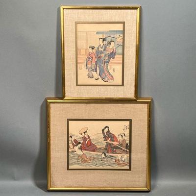 (2PC) TRADITIONAL JAPANESE PRINTS | Japanese woodblock prints, including one showing a man, woman, and child in front of a house in...