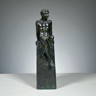 WHITE METAL MALE FIGURE | Nude male figure sitting atop a pedestal.