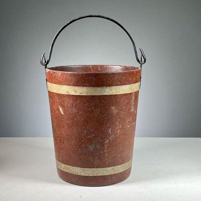 FRENCH FIREMANâ€™S BUCKET | Wrapped firemanâ€™s bucket, dark red color with two light stripes and a metal bail handle, impressed stamp...