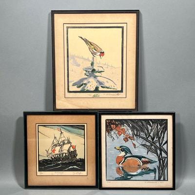 (3PC) BIRDS & ENGLISH SHIP WOODBLOCKS | Woodblock prints, including a duck swimming (ed. 30/200) and a bird atop snowy pine tree (ed....