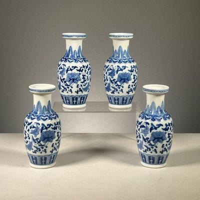 (4PC) CHINESE BLUE & WHITE VASES | Of small size, with blue underglaze floral scrollwork decoration, no markings on the bottom.