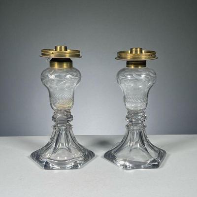 (2PC) PAIR GLASS OIL LAMPS | Glass oil lamps with etched decoration.