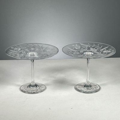 (2PC) BLOWN & CUT GLASS COMPOTES | A pair of blown & cut glass compotes with floral decoration around the rims and bases.