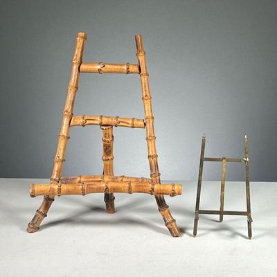 (2PC) TABLETOP EASELS | Including a bamboo easel with full shelf and splayed legs and a small brass easel.