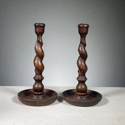 (2PC) PAIR BARLEY TWIST CANDLESTICKS | Turned wood candlesticks, early, probably oak.