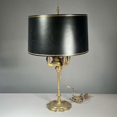 ANTIQUE BOUILLOTTE LAMP | Antique Brass Bouillotte table lamp with black and gold tole lampshade Dimensions: h. 25 x dia. 13 in