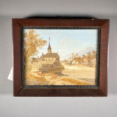19TH CENTURY SILK WORK IN SHADOW BOX | Early 19th century showing a riverside church in a French countryside, with inscription on verso.