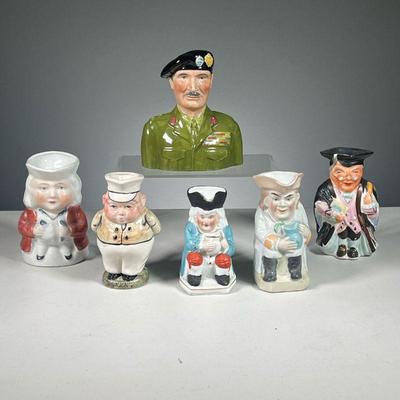 (6PC) SMALL TOBY JUGS | Toby jugs including a professor, a milk man, and a British portrait jug of Lord Montgomery, English General by...